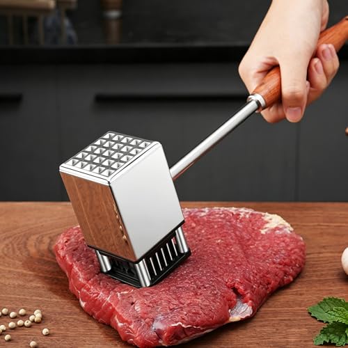 Marteau et Attendrisseur de Viande 2 en 1, 36 Aiguilles Inox Large, Poignée Bois de Rose Ergonomique Anti-dérapante, Outil Cuisine Solide Confortable pour...
