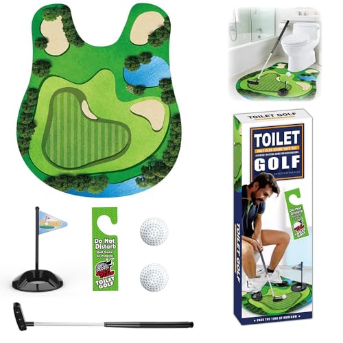 AXVRAV Ensemble cadeau de golf de toilette, mini cadeau de golf pour homme, salle de bain amusant jeu de golf – avec club de golf, tapis de putting, 2 balles et...
