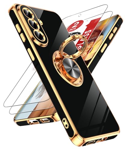 LeYi for Samsung Galaxy A57-5G Phone Case: with 2 Pack Tempered Glass Screen Protector and 360° Rotatable Ring Holder Magnetic Kickstand, Plating Rose Gold Edge A 57 Case, Black