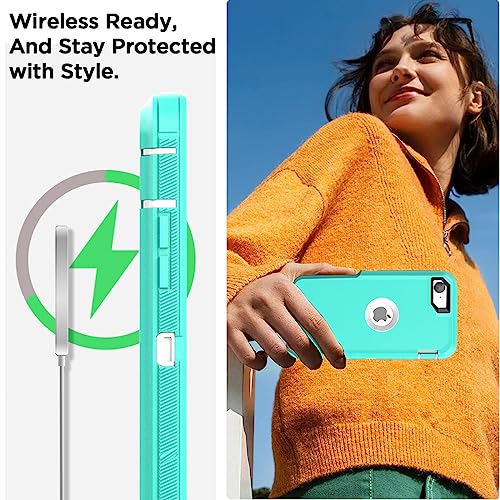 Image of AICase for iPhone SE Case 3rd & 2nd Generation, for iPhone SE 2022 /2020 Built-in Screen Protector Heavy Duty Protective Shockproof 3-Layer Full Body Rugged Phone Cover, Aqua Mint /White