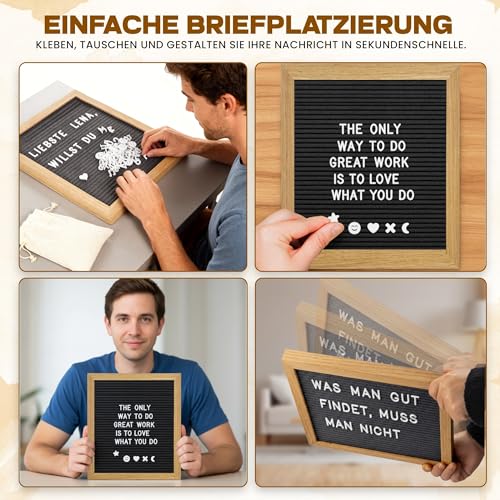 Buchstabenbrett Holzbrett mit Buchstaben, 23 x 30 cm - Brett mit Rillen Letter Board Filzbrett Memoboard mit 161 Zeichen (Schwarz)