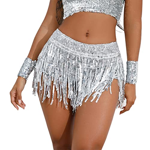 ABEHIK Damen Pailletten Shorts Hohe Taile Musikfestival Shorts Sommer Kurze Glitzer Hot Pants Partyshorts mit Fransen