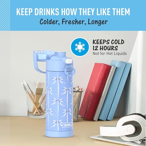 Image of THERMOS FUNTAINER 16 Ounce Stainless Steel Vacuum Insulated Bottle with Wide Spout Lid, Blue Bows