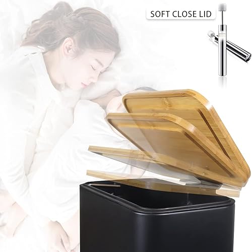 Miniatura 6 de Cubo de basura pequeño con tapa de bambú cierre suave y pedal de pie cubo de basura rectangular de 13 gal5 litros con cesta de basura interior para