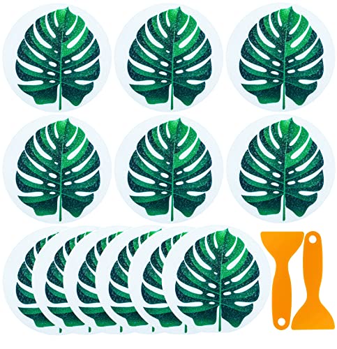 SZHTSWU 12 Pcs Non Slip Bathtub Stickers, 5.9 Inch Round Self-Adhesive Anti Slip Shower Decals with Scraper Tool for Bathroom Bath Tub (Green Leaves)