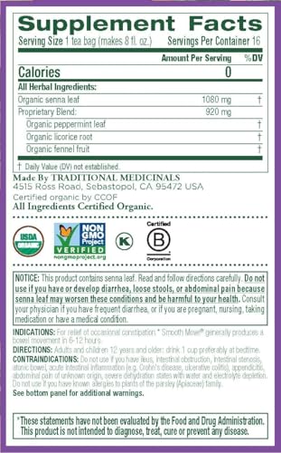 Traditional Medicinals Organic Smooth Move®, Senna Peppermint, Caffeine Free, 16 Wrapped Tea Bags, 1.13 oz (32 g) - Image 3