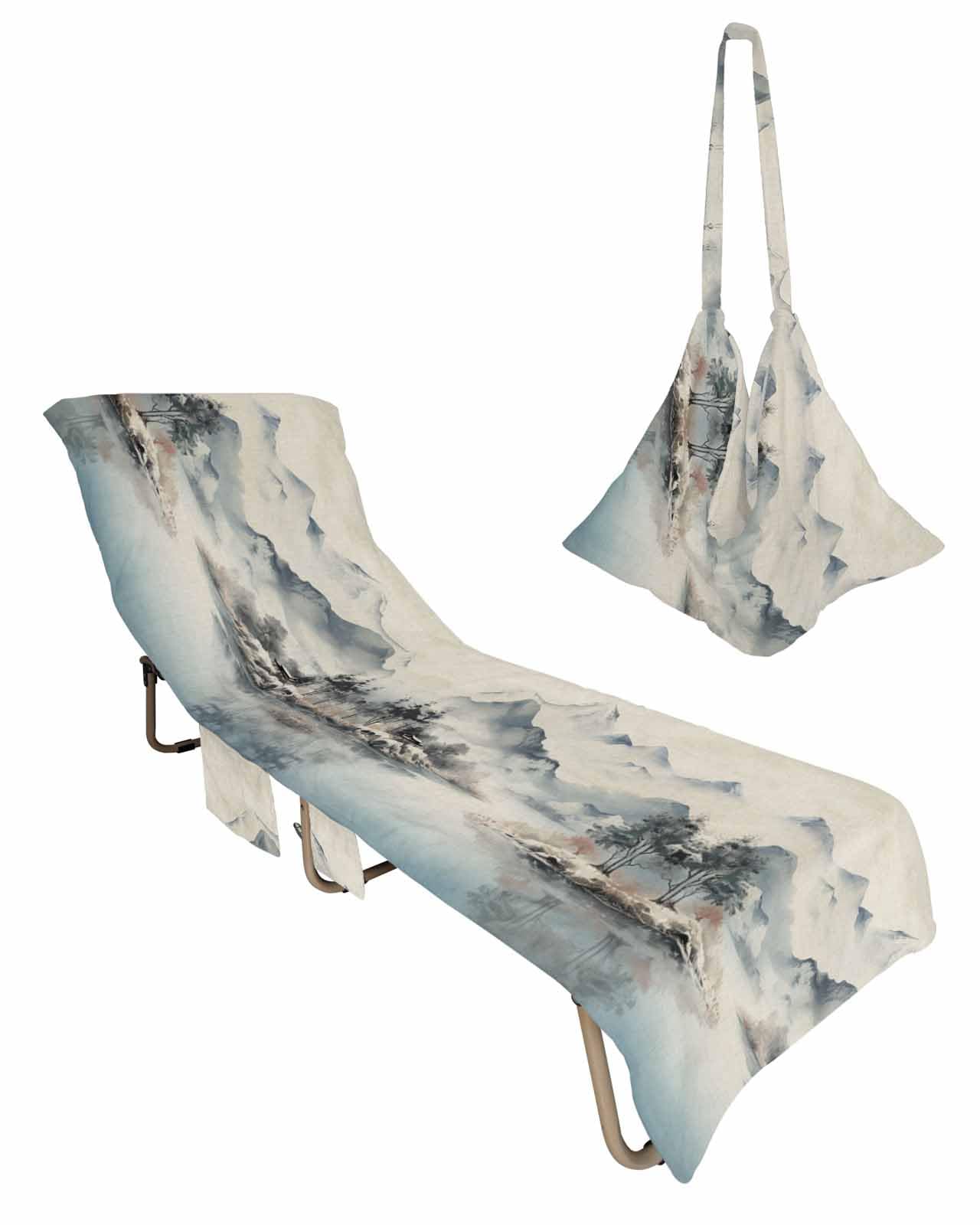 Landscape Painting Beach Lounge Chair Towel Cover, Soft Chaise Lounge Towel with Side Pockets Patio Pool Chairs Cover for Beach/Pool Sunbathing 29x85 Watercolor Mountains Farmhouse