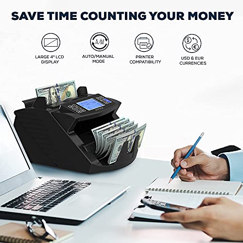Deteck Usa Money Counter Machine With Value Count - Dt200 Large 4” Lcd Display Cash Counter Machine, Add And Batch Modes, Uv/Mg/Ir Counterfeit Detection Bill Counter, 1300 Bills/Min - Print Option #TOP4