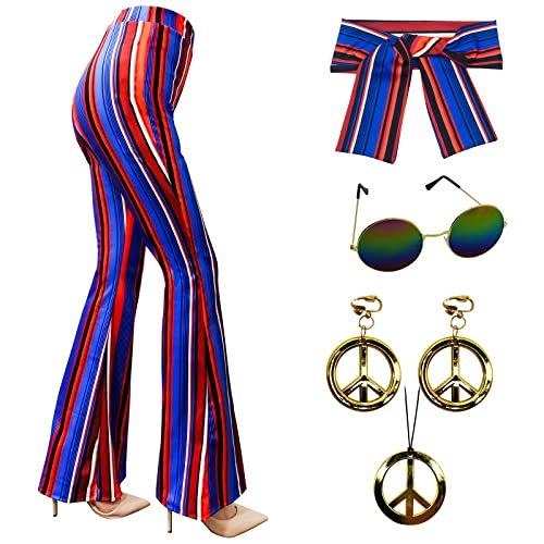 XonyiCos 60er 70er Jahre Frauen Kostüme Zubehör Hippie Hosen Bell Bottom ausgestellte Hosen Yoga Hosen für 70er Jahre Theme Party Halloween Cosplay (Blau, XL)