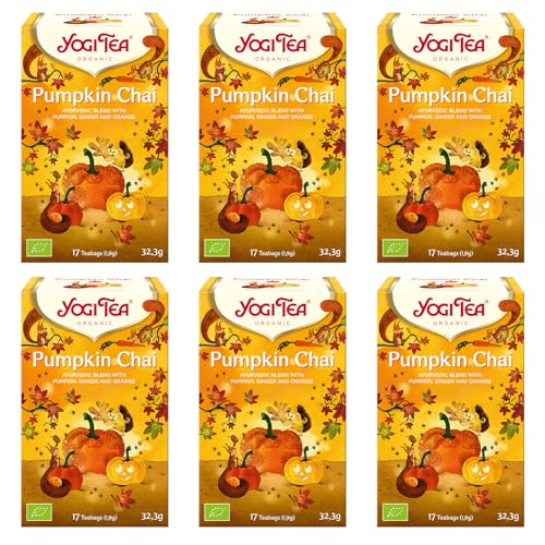 Yogi Tea - Pumpkin Chai, Ayurvedischer Bio Gewürz- und Kräutertee, von Natur aus koffeinfrei, Mischung aus Kürbis, Ingwer und Orange, Yogi Tee 6er Pack, 6x17 Beutel (102 Teebeutel insgesamt)