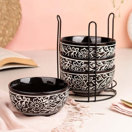 The Earth Store Black Artvine Ceramic Bowl Set with Black Metal Stand – 4 Microwave Safe Bowls (500ml Each) – Elegant Serving Set for Snacks, Soups, Salads & Desserts | Space Saver Bowl Set