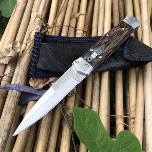 HUAAO Push Button Knife, Assisted Opening Folding Pocket knives For Men, 440C Blade, chicken-wing wood handle With Deep Carry Pocket Clip