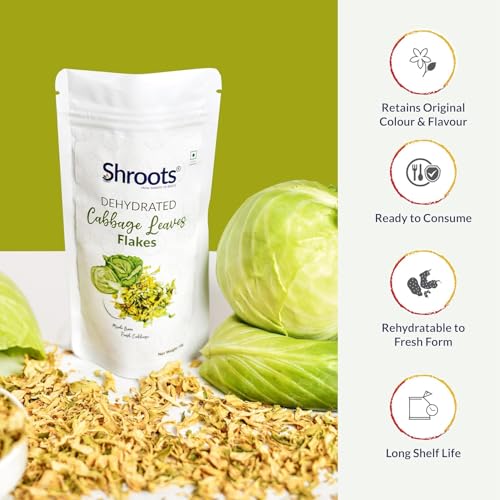 Image of SHROOTS Dehydrated Cabbage Leaves Flakes | 100% Natural & Pure Vegetarian | Machine-Dried for Maximum Freshness | Nutrient-Rich & Aromatic | Ideal for Cooking, Soups, Curries & Seasoning | (2, 45 Gram, Pack Of 2)