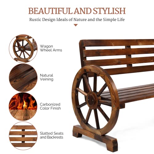 Vingli Rustic Wooden Wheel Bench, 41" 2-Person Wagon Slatted Seat, Outdoor Patio Furniture, 350Lbs High Capacity, Weather Resistance #TOP3