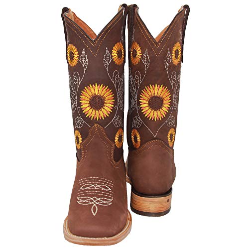 Women’s Cowgirl Cowboy Square Toe Leather Boots Sunflower Embroidered4