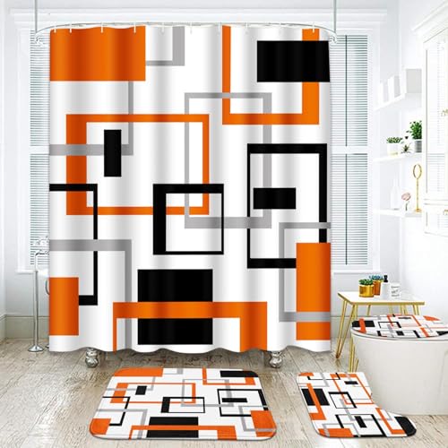 ArtSocket Bathroom Sets with Shower Curtain and Rugs 4 Pcs Orange Gray