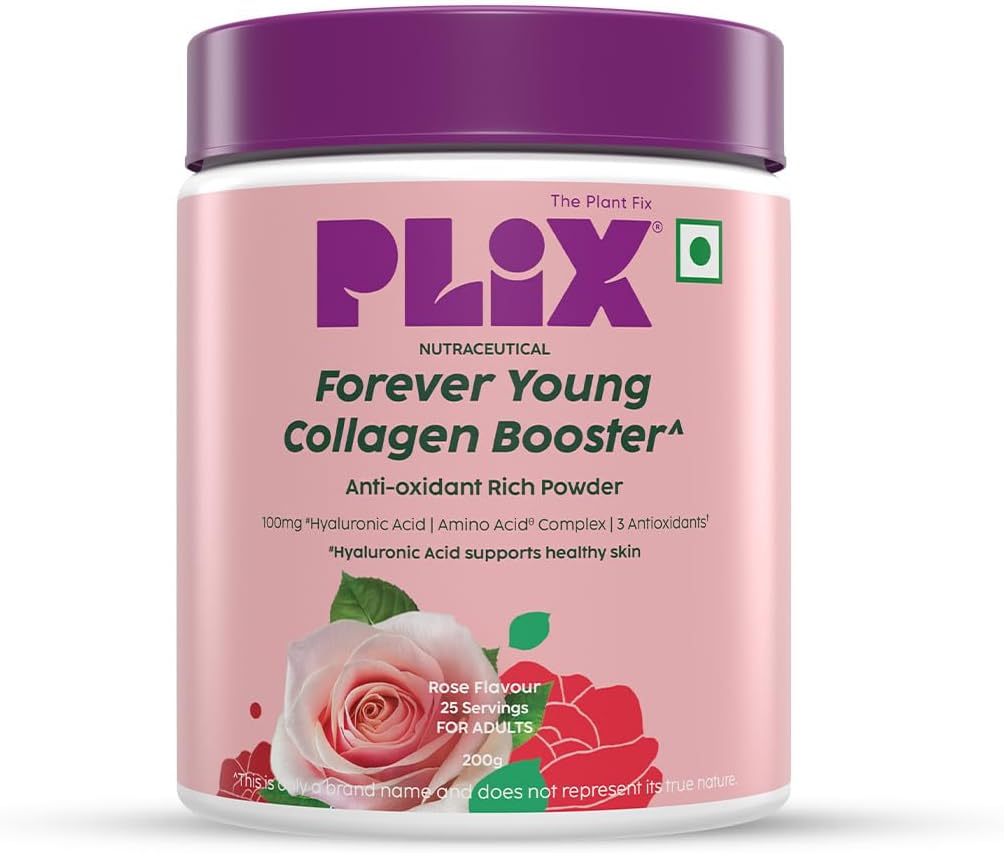 PLIX – THE PLANT FIX | Collagen Booster Powder to Support Healthy Skin | Supports Collagen Production, Antioxidants & Skin Health | Vitamin C, Hyaluronic Acid & Superfood Blend, Rose (200 g)