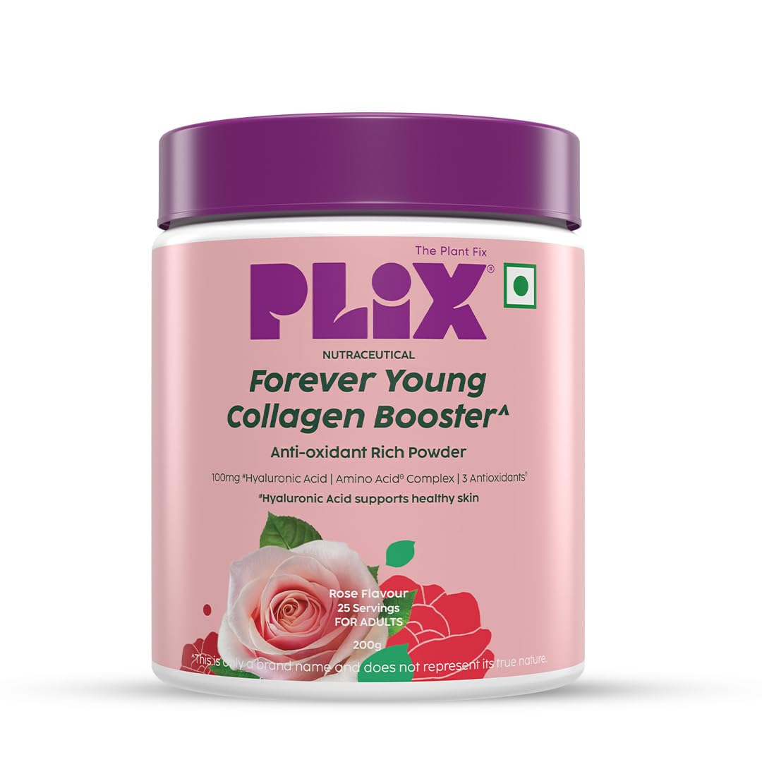 PLIX – THE PLANT FIX | Collagen Booster Powder to Support Healthy Skin | Supports Collagen Production, Antioxidants & Skin Health | Vitamin C, Hyaluronic Acid & Superfood Blend, Rose (200 g)