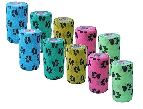 Image of Prairie Horse Supply 4 Inch Vet Wrap Tape Bulk (Paw Prints Variety) (Pack of 12) Self Adhesive Adherent Adhering Flex Bandage Grip Roll for Dog Cat Pet