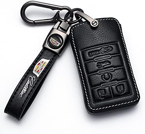 Car Key fob Cover Rings Holder for Cadillac ATS CTS DTS XTS Escalade or Chevrolet Corvette C7 with Genuine Leather Protector Keychain Key Case Anti-dust Full Protection Car Accessoryies,C-Black