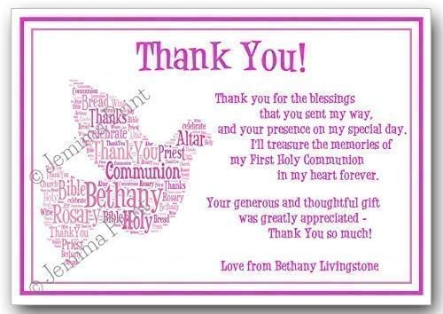 10 Personalised girls First Holy Communion dove word art, word cloud thank you cards with envelopes J210
