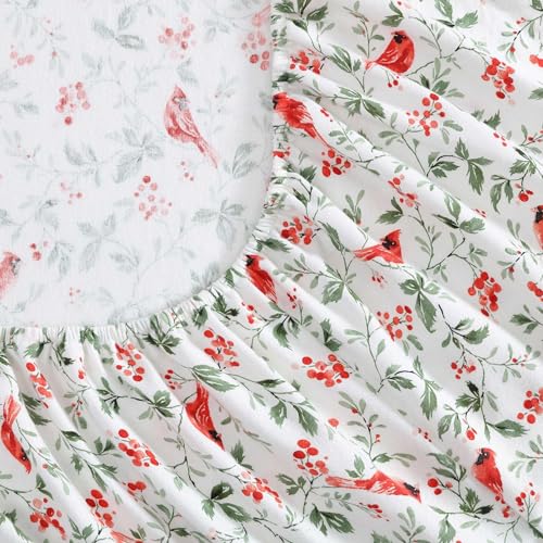 Image of Laura Ashley - Flannel Sheets Twin Size, Anti-Pilling & Wrinkle Resistant Cotton, Touchably Soft for All-Season Comfort - Bed Sheets with Matching Pillowcase & Fitted Sheet (Jolly Cardinals Green)