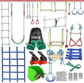 Ninja Warrior Obstacle Course for Kids - 2X50FT Double Ninja Slackline with Most Complete Accessories for Kids, Swing, Trapeze Swing, Rope Ladder, Obstacle Net Plus 1.2M Arm Trainer