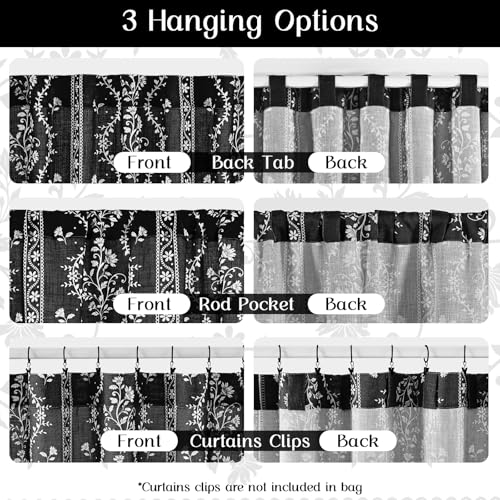 Image of Yinhua Boho Curtains for Living Room 84 Inch Length Vintage Linen Curtains for Bedroom Light Filtering Floral Window Curtain Rod Pocket & Back Tabs Rustic Tassel Drapes with Tiebacks, Black