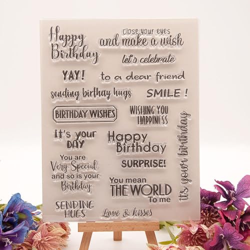Happy Birthday Blessing Words Clear Stamps Silicone Stamp Cards Celebrate Greetings Words Transparent Seal Stamps for Holiday Card Making Decoration DIY Scrapbooking Album DIY Crafts