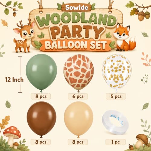 Image of Green and Brown Balloons, 12 Inchs Sage Green Deer Print Gold Confetti Balloons for Kids Woodland Baby Shower Decorations Safari Jungle Dinosaur Theme Birthday Party Wedding Grauation Supplies