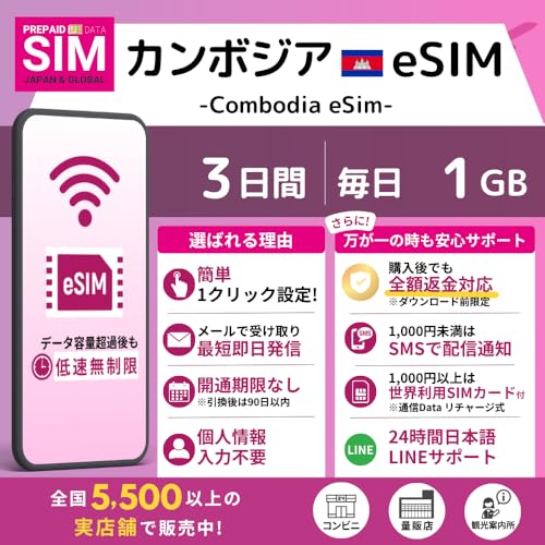 [ �J���{�W�A eSIM ] �I�����C���ŒZ�������s�i���[�����j�b�I�ׂ�e�ʁE�����b�����pOK�b���S24���ԓ��{��T�|�[�g�b�ᑬ�������t�� (3Days-Daily 1GB)