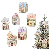 Holiday Village Spice House Set, Boxed Set of 6 Mini Christmas Village Houses with Spice Jars for Kitchen Decor, Holiday Countertop Display Set
