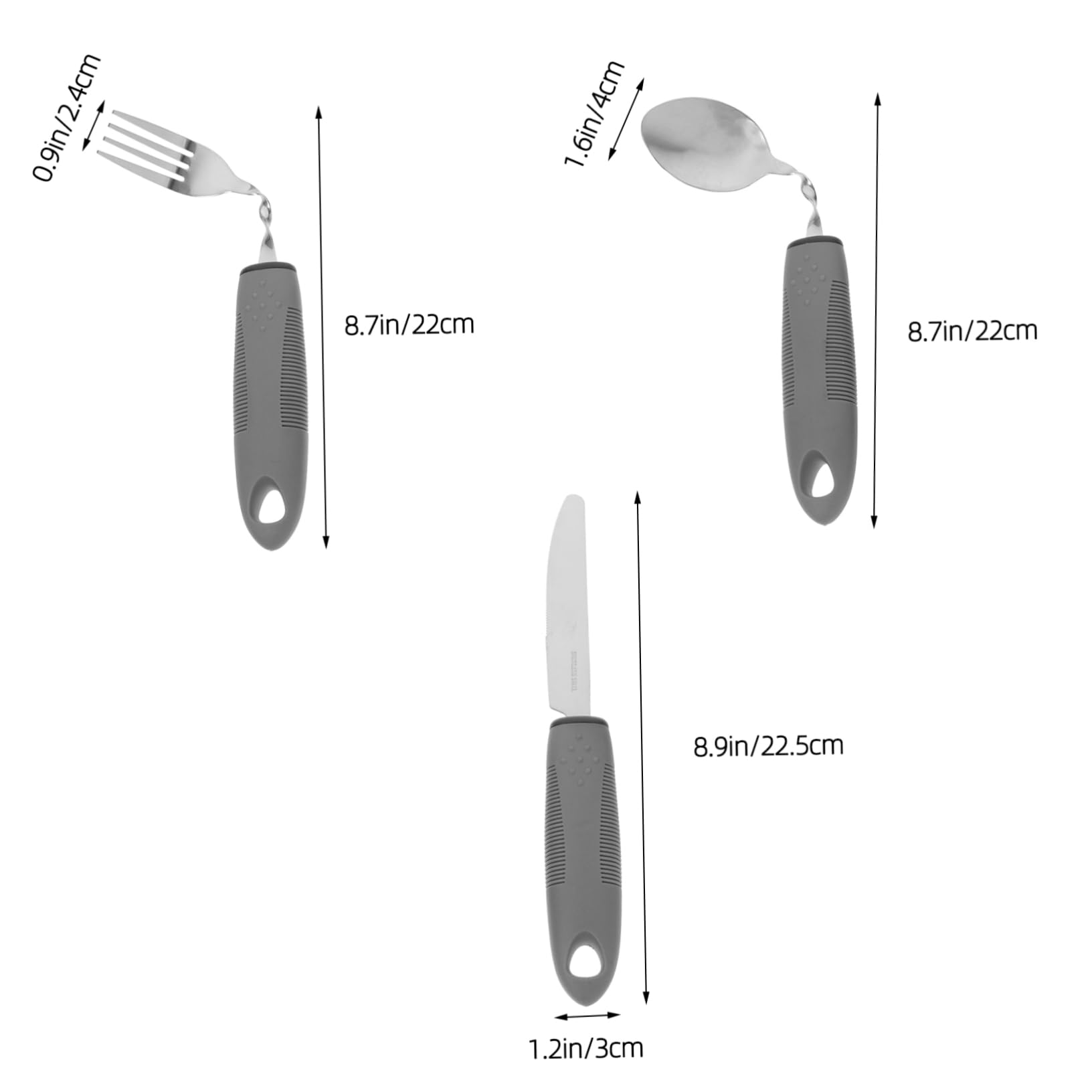 CIYODO Elderly Adaptive Utensils Set Curved Handle Spoon Fork Spoon against Hand Tremors Utensils Gray Large Handle for Comfortable to Hold