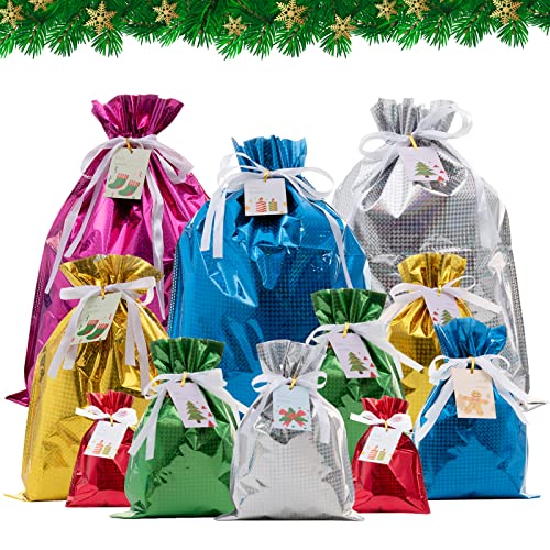 Christmas Drawstring Bags - 18 pcs Reusable Xmas Present Fast Wrapping Foil With Tags, Assorted Size Shining Gift for Birthday Goody Holiday Treat or Party Favor