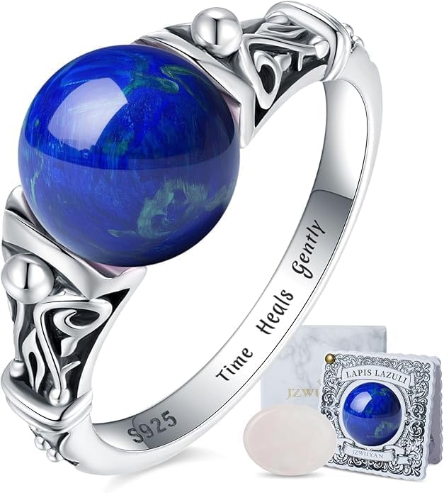 Fidget Spinner Ring for Anxiety Relief – 925 Sterling Silver Natural Gemstone Ring with Amethyst, Moonstone, Obsidian, Garnet, Aquamarine, Stress Relief Healing Crystal Jewelry Gift for Women, Mom, Daughter, Her (Lapis Lazuli, 8)