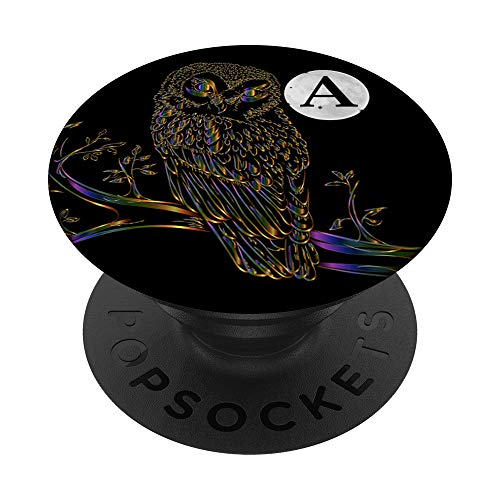 Soporte para teléfono móvil, diseño de búho, arcoíris negro, letra A PopSockets PopGrip Intercambiable