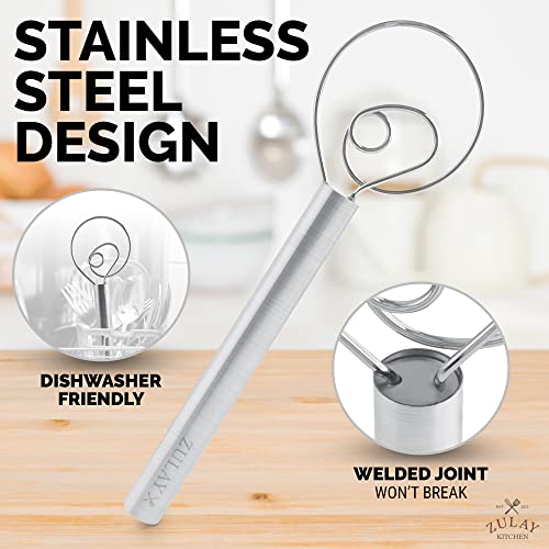 Zulay Kitchen 12 Inch Danish Dough Whisk - Large Stainless Steel Danish Whisk For Dough - Dutch Whisk Baking Tool For Bread, Batter, Cake, Pastry