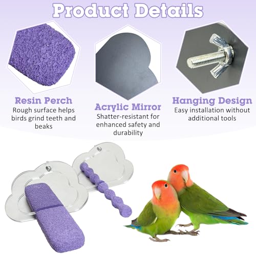 Image of PINVNBY 2 PCS Bird Mirror with Perch Resin Parakeet Perches Hanging Parrot Toys Interactive Bird Cage Accessories for Cockatiel Conure Lovebird Finch (Purple)
