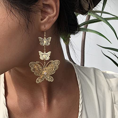 Bohemian Long Butterfly Dangle Earrings for Women Girls Gold-Tone Crystal Filigree Tassel Charms Statement Drop Fish Hook Dangling Stud Boho Lightweight Prom Party Holiday Jewelry Gifts2