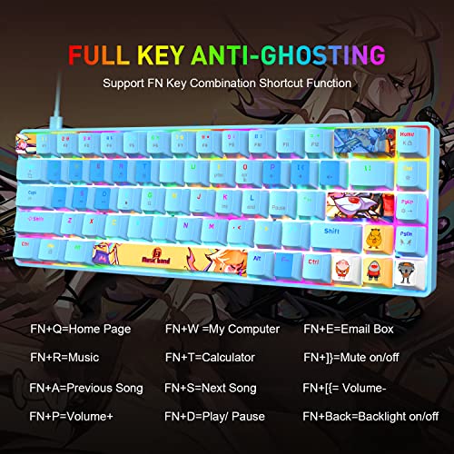 Image of Portable 60% Mechanical Gaming Keyboard 18 Chroma RGB Backlit Ultra-Compact 68 Keys Dye Sublimation PBT Ergonomic Full Keys Anti-ghosting Compatible with PS4,PS5,PC,Gamers,Typist(Blue /Blue Switch)