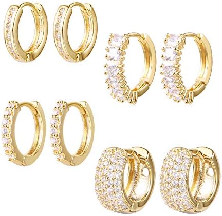 ALEXCRAFT Small Gold Hoop Earrings Set for Women Diamond Pave Gold Earrings Set with Sterling Silver Post