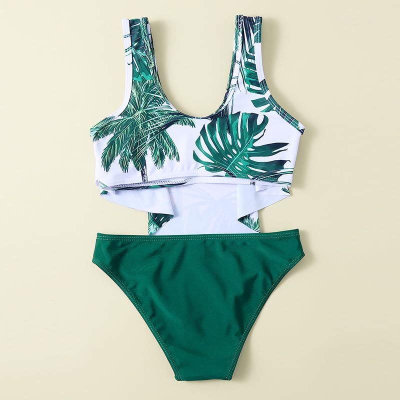 VOGUSON Girls Swimsuit 2 Piece Bikini Set Girls' Ruffle Swimwear Tropical Coconut Tree 12-14 Year