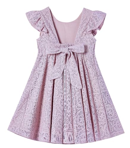 Rysly Toddler Girls Backless Flutter Sleeve Lace Party Dress Elastic Waist Bow Kid Casual Dresses (Dusty Purple,110)