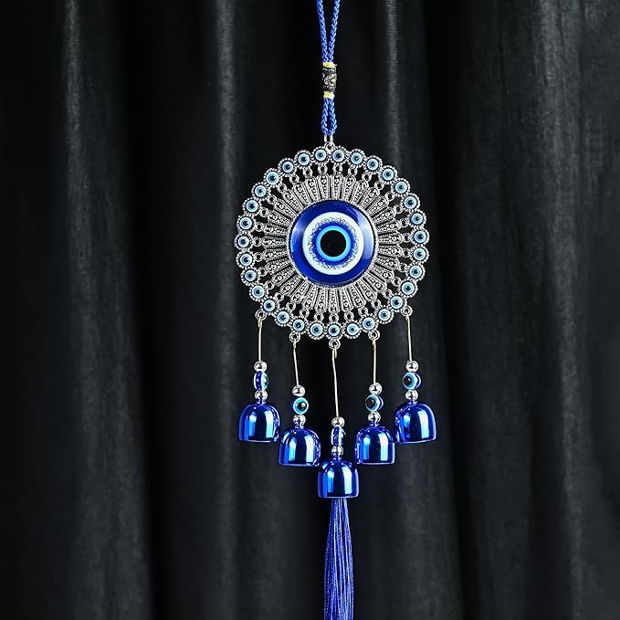 Image of Decorative Wind Chime for Home | Wooden House with Bells Colourful Beads | Positive Energy Balcony Living Room Hall Garden Home Decor (Evil Eye Hanging)