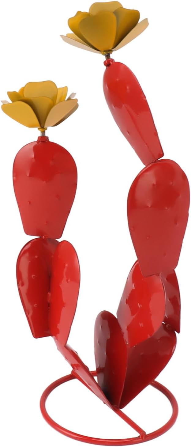 BEIJIALY Metal Prickly Pear Cactus with Flowers, Iron Rustic Cactus Statue Desert Decor Sculpture, Metal Agave Garden Art, Metal Cactus with Flowers for Garden Yard Lawn Patio Red