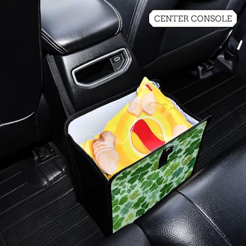 Image of Car Trash Can Organizer Bin with Adjustable Strap for Back Front Seat Console Waterproof Leakproof Collapsible Portable 11 Inch Green Nature St Patrick Clovers