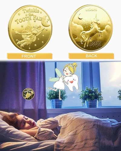 LEEQBCR Zahnfee Münzen, 2 PCS Zahnfee Geschenk mit Mustern Zahnfee Goldtaler Zahnfee Münze Gold, Goldmünzen Kinder Junge 2 Laubzähne Verlorenen Souvenir, Einhorn-Stil, geeignet für Mädchen