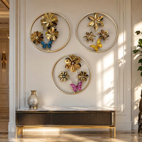 Image of SHREE 'O' GREEN TECH - Round Large Gold Metal Wall Decor Set of 3 Floral Flower Artwork with Multicolor Butterfly Decorative Wall Hanging for Home (19 x 19 Inch)