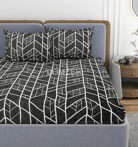 Image of VOMZER Premium 320 TC Fitted Bed Sheet with Full Elastic - Deep Pocket Design - Wrinkle Resistant Fitted Bedsheet Double King 72x78 Black Lines