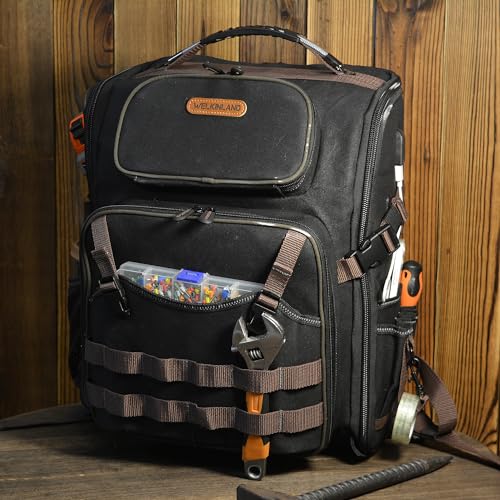 Image of WELKINLAND Waxed-Canvas Tool Backpack - Heavy-Duty Electrician Backpack with HVAC & Technician Tool Bag Storage